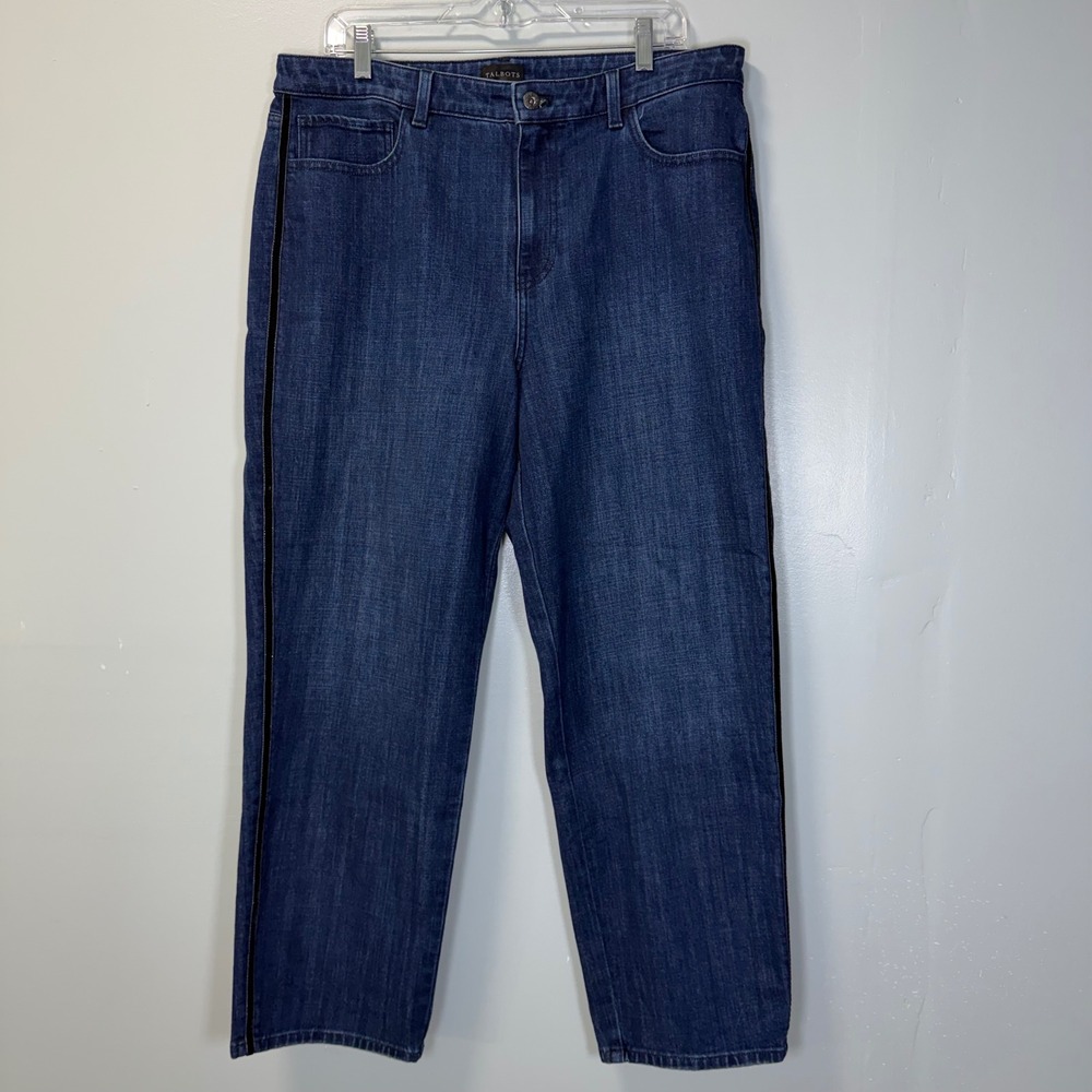 Talbots High Waist Straight Ankle Jeans Dark Wash Velvet Side Stripe Size 14